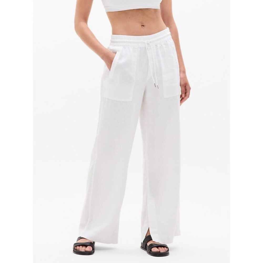Athleta Retreat Linen High Rise Wide Leg Pants White Womens XS Split Leg Hem NWT